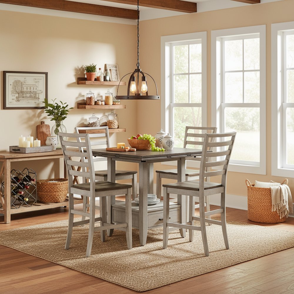 Drop Leaf Counter Height Dining Set, Lazy Susan, Storage Drawer, 5 Pieces