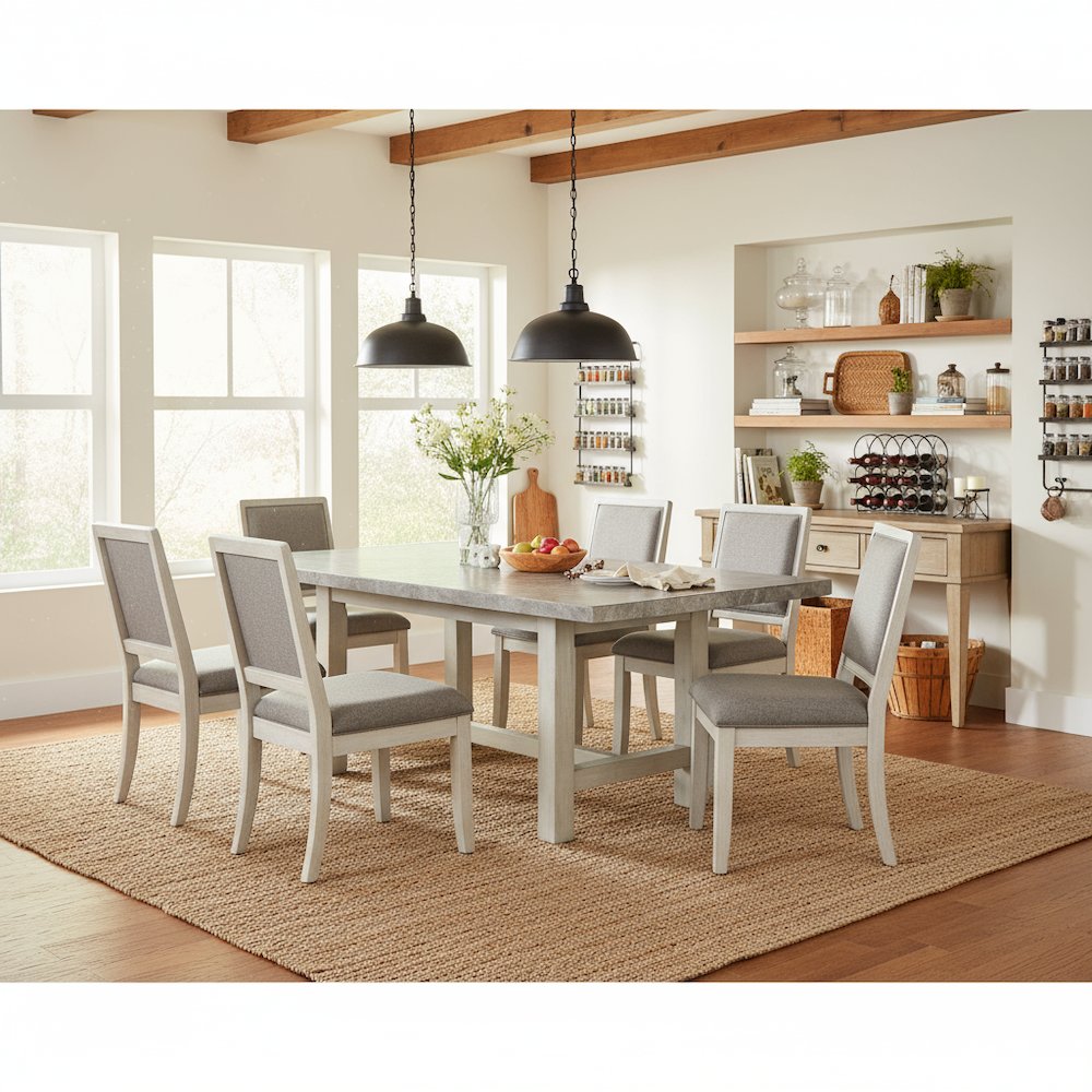 Marble Top Dining Set, 78 Inch Table, Upholstered Chairs, 7 Pieces