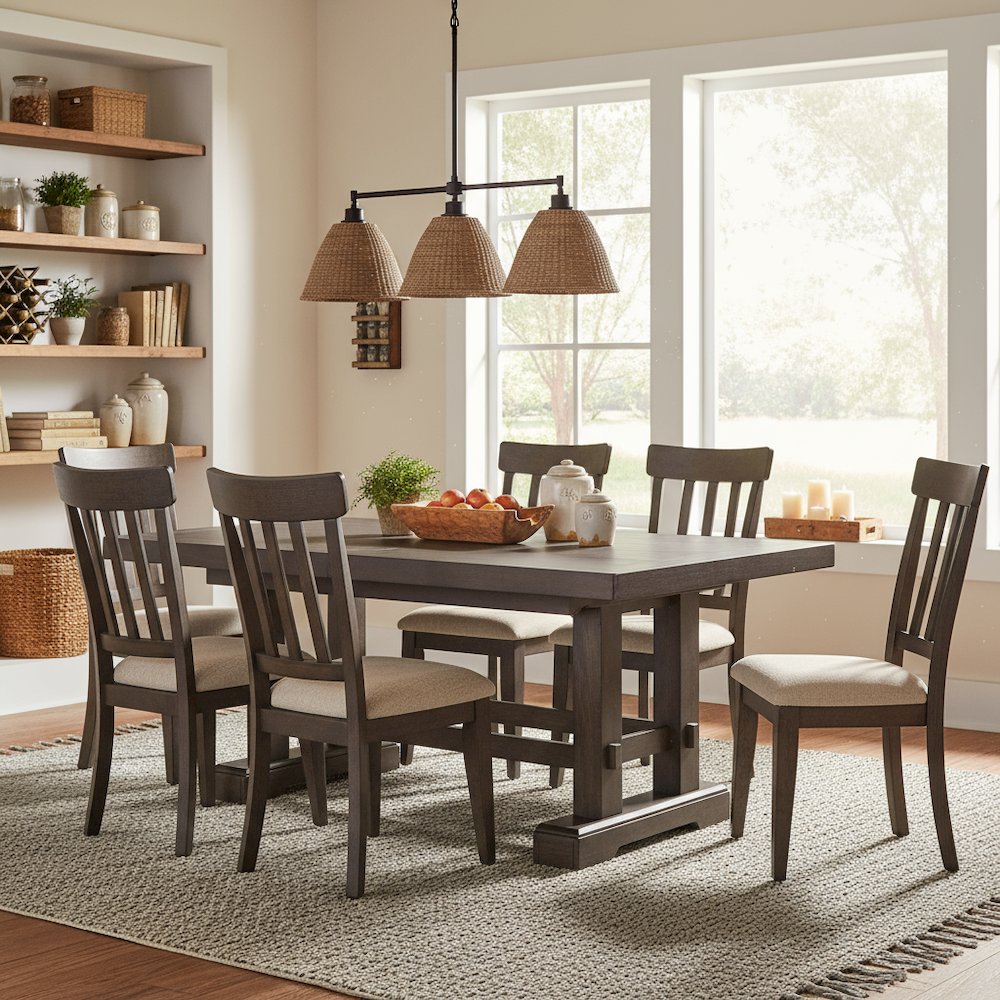 7-Piece Dining Set, Double Pedestal, Two Leaves, Brown