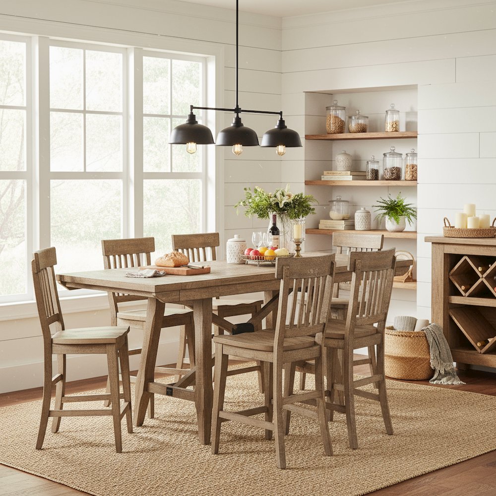 Counter Height Dining Set, Rustic Pine, Two Extension Leaves, 7 Pieces