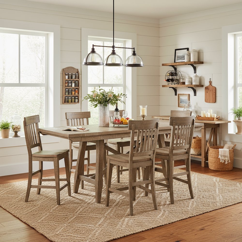 Counter Height Dining Set, Rustic Pine, Two Extension Leaves, 7 Pieces