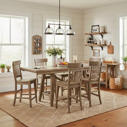 Counter Height Dining Set, Rustic Pine, Two Extension Leaves, 7 Pieces