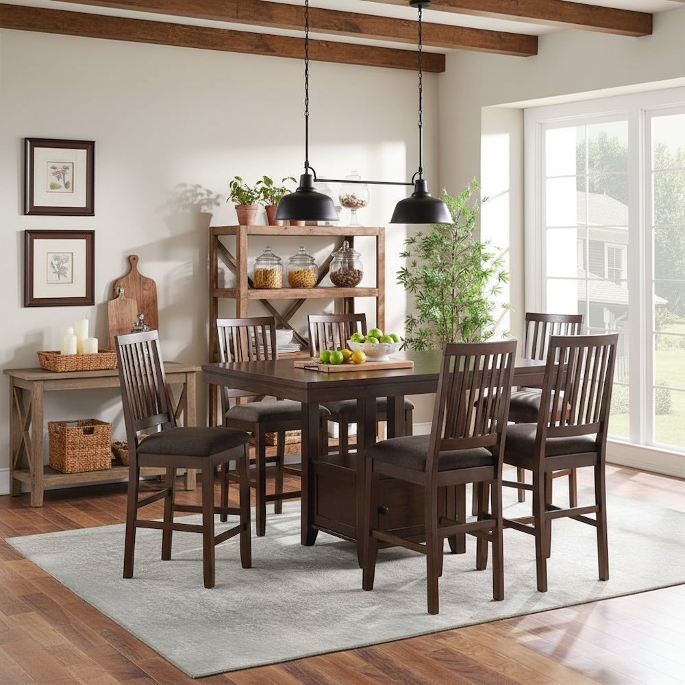 7-Piece Counter Dining Set, Storage Base, Faux Leather Seats