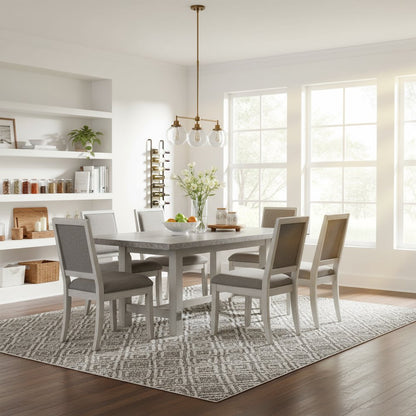 Marble Top Dining Set, 78 Inch Table, Upholstered Chairs, 7 Pieces