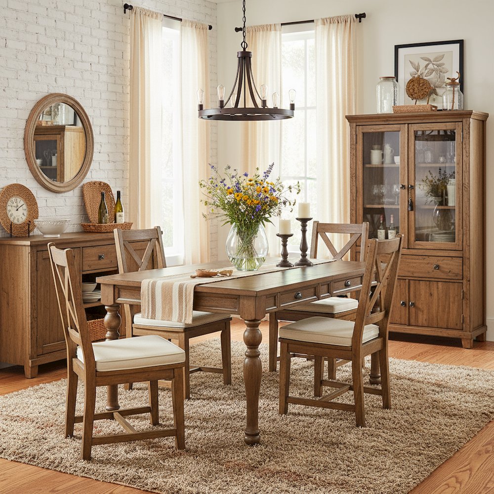 Dining Table, 4 Soft-Close Drawers, Wire-Brushed Finish, Brown