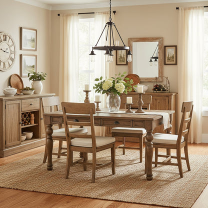 Dining Table, 4 Soft-Close Drawers, Wire-Brushed Finish, Brown