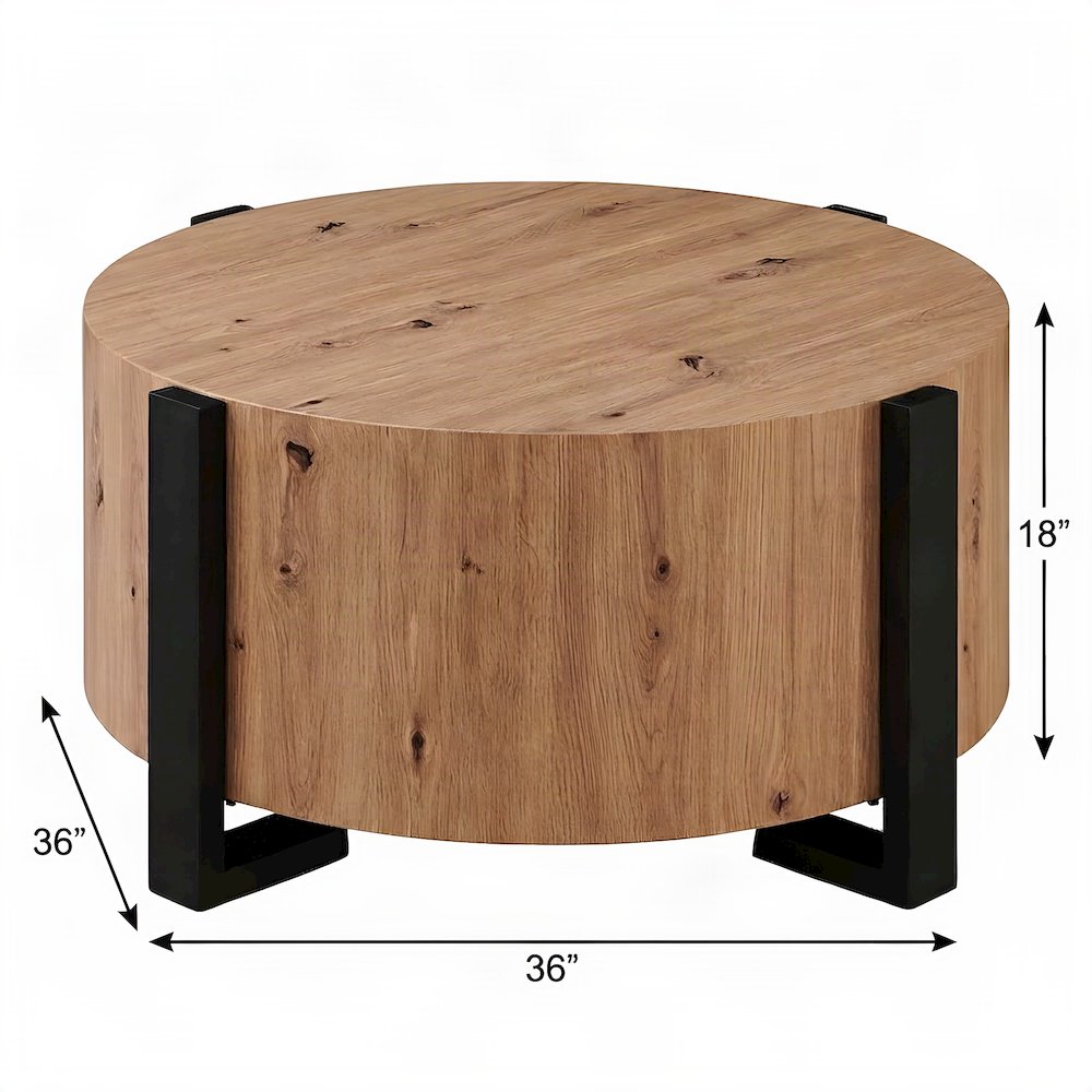 Round Faux Wood Coffee and Cocktail Table with Iron Frame, MDF Construction, Tan