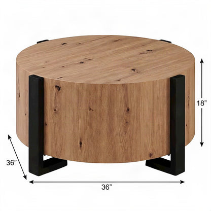 Round Faux Wood Coffee and Cocktail Table with Iron Frame, MDF Construction, Tan