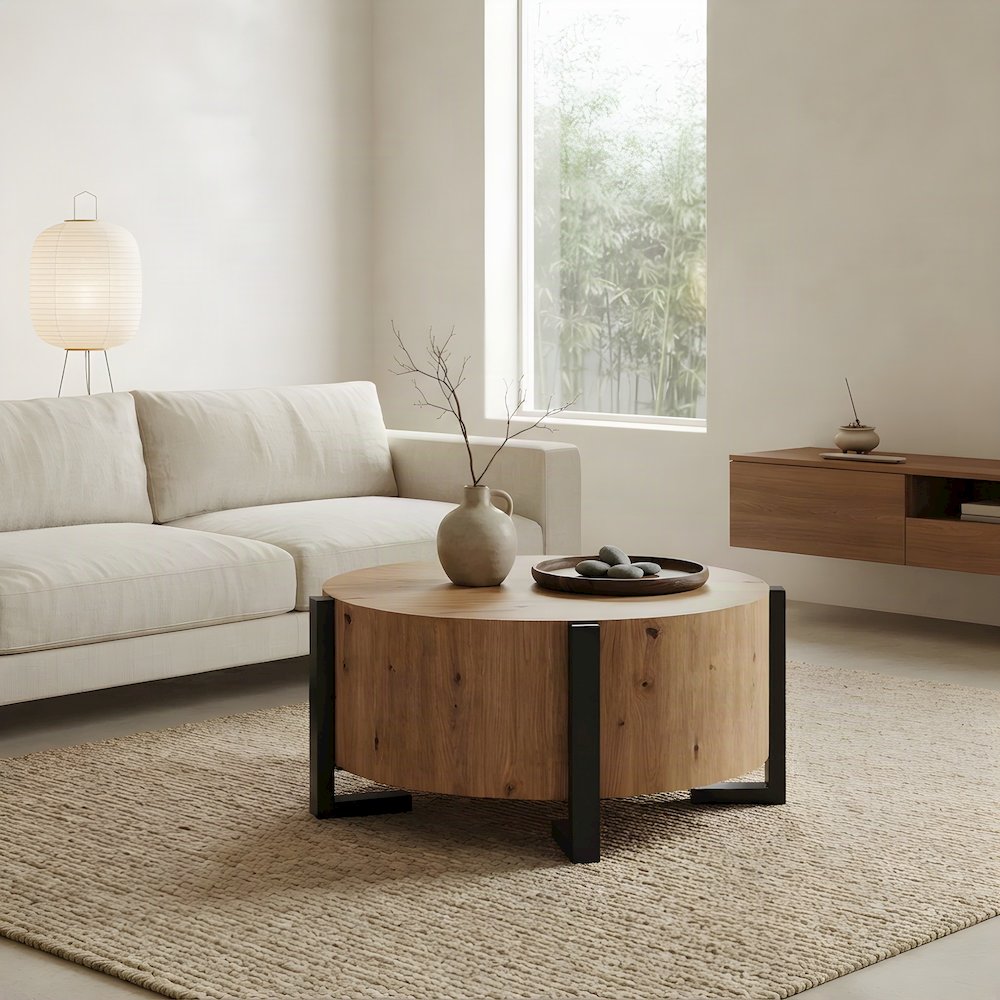 Round Faux Wood Coffee and Cocktail Table with Iron Frame, MDF Construction, Tan