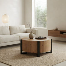 Round Faux Wood Coffee and Cocktail Table with Iron Frame, MDF Construction, Tan
