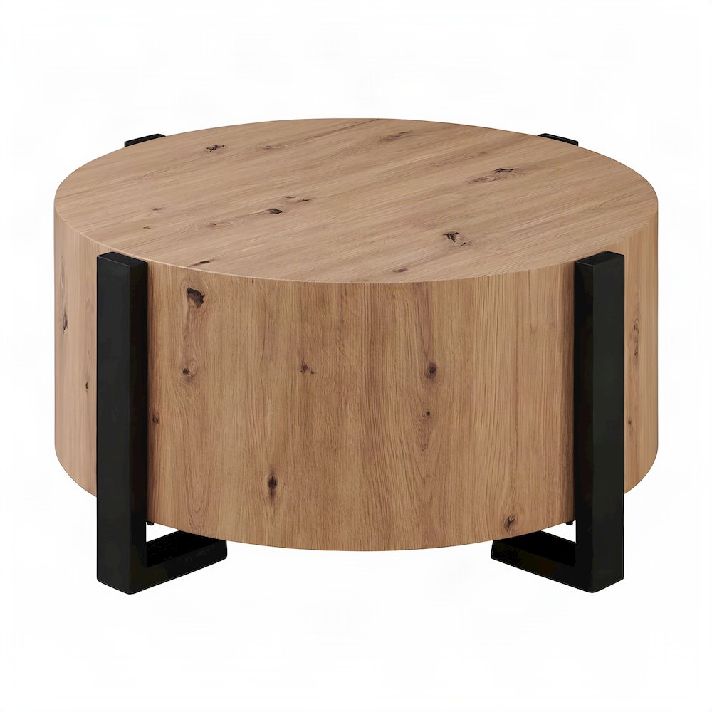 Round Faux Wood Coffee and Cocktail Table with Iron Frame, MDF Construction, Tan