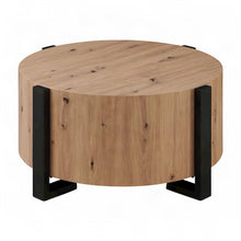 Round Faux Wood Coffee and Cocktail Table with Iron Frame, MDF Construction, Tan