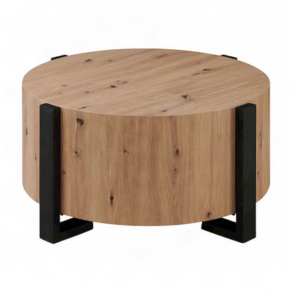 Round Faux Wood Coffee and Cocktail Table with Iron Frame, MDF Construction, Tan