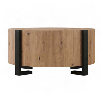 Round Faux Wood Coffee and Cocktail Table with Iron Frame, MDF Construction, Tan