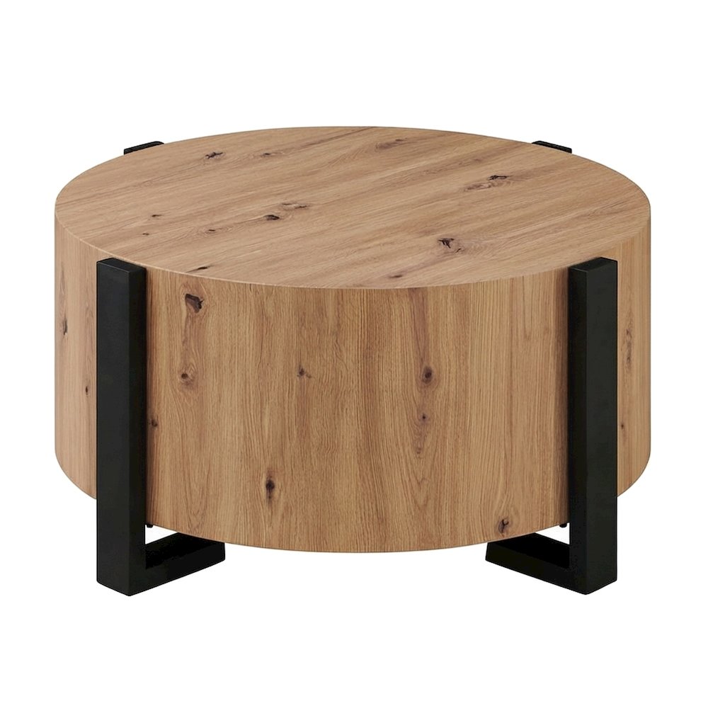 Round Faux Wood Coffee and Cocktail Table with Iron Frame, MDF Construction, Tan