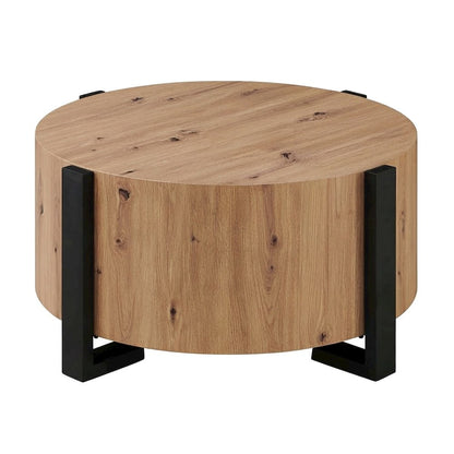 Round Faux Wood Coffee and Cocktail Table with Iron Frame, MDF Construction, Tan
