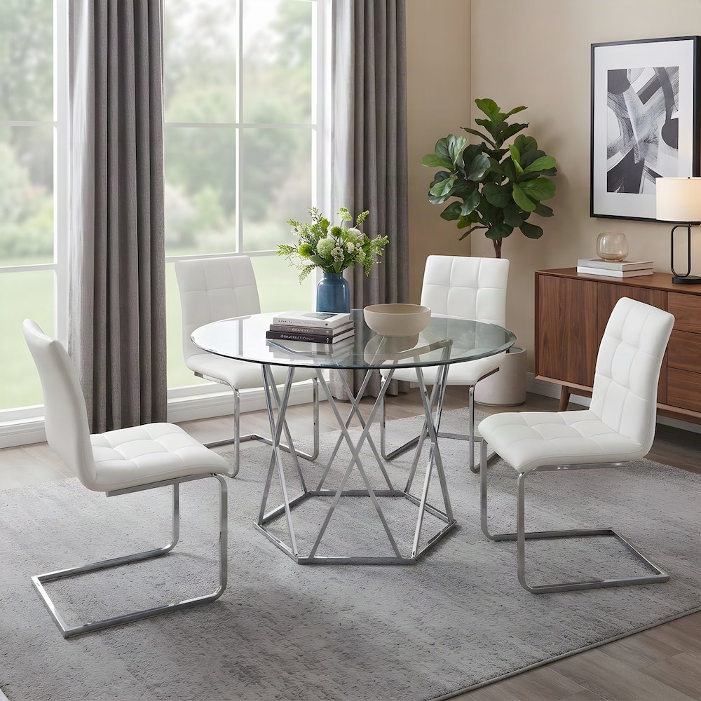 Vegan Leather Modern Dining Side Chair with Iron Base, Urban Contemporary, White