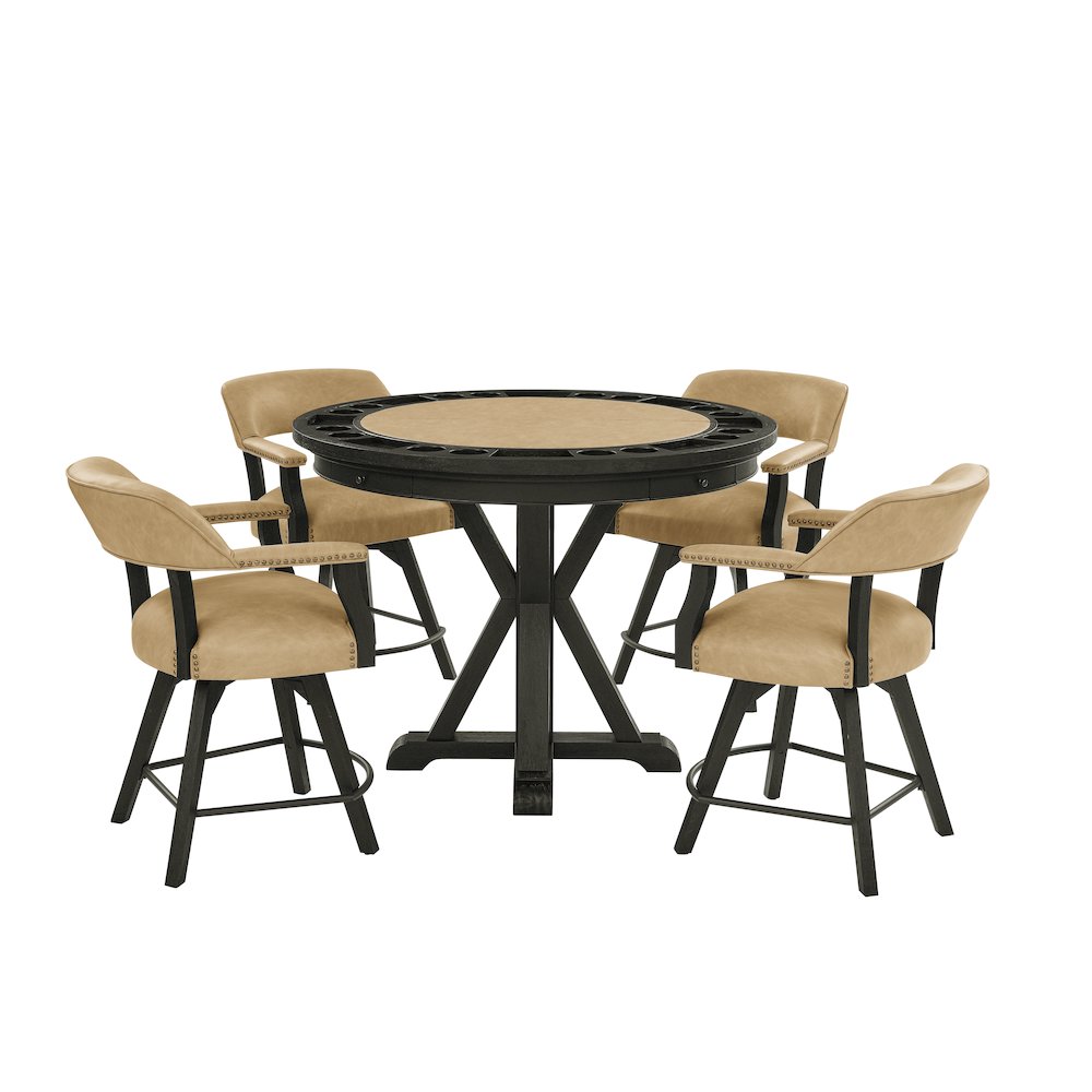 Counter Table with Game Top, 4 Counter Chairs, Black Finish, Sand Vegan Leather