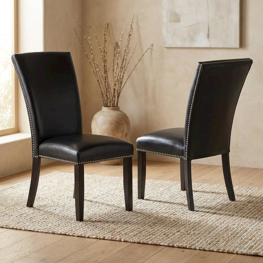 Faux Leather Upholstered Dining Chairs with Birch Legs, Black, Set of 2