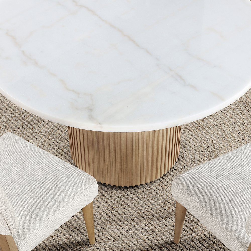 Colvin 52-inch Round White Marble Table, Brown Base