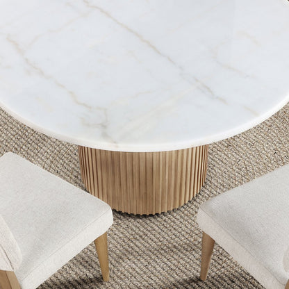 Colvin 52-inch Round White Marble Table, Brown Base