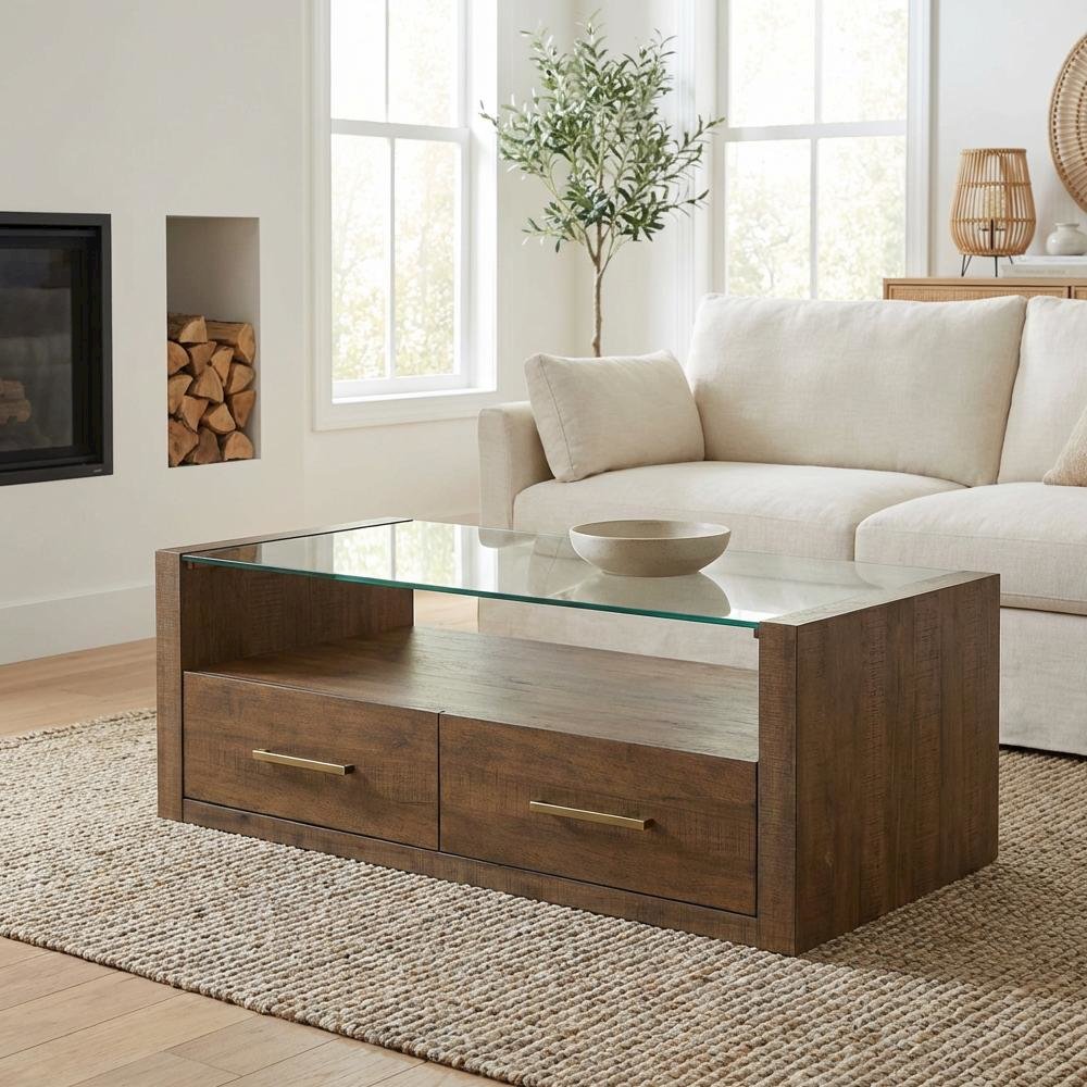Brown Castered Coffee Table with Glass Top and Wood Frame MDF Acacia Rubberwood