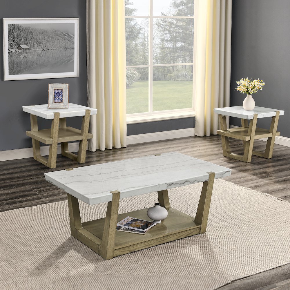 Perth 3-Piece Marble Top Occasional Set (Cocktail Table & Two End Tables)