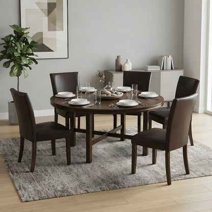Rubberwood Dining Table with Faux Leather Chairs 7 Piece Set, Brown
