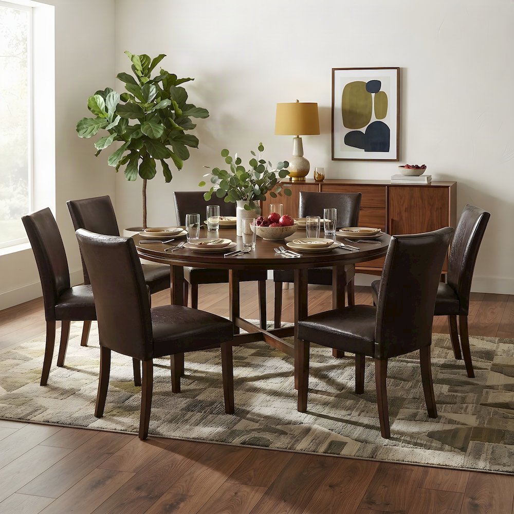 Rubberwood Dining Table with Faux Leather Chairs 7 Piece Set, Brown