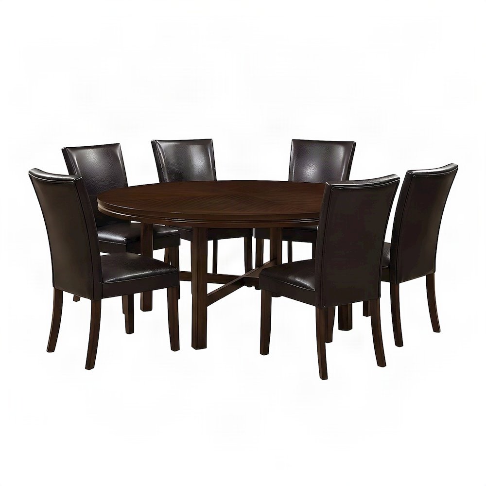 Rubberwood Dining Table with Faux Leather Chairs 7 Piece Set, Brown