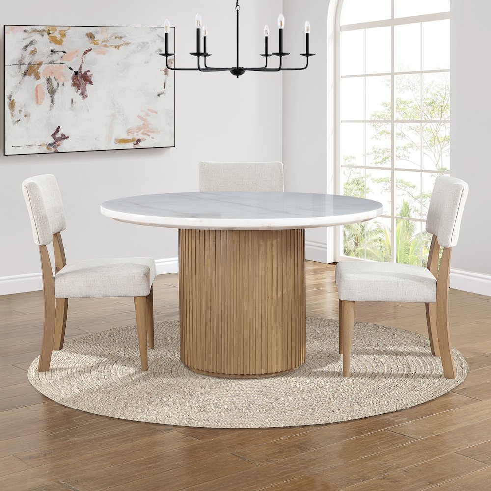 Colvin 52-inch Round White Marble Table, Brown Base