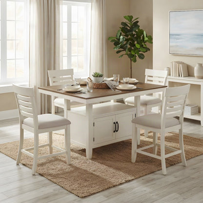Rubberwood Dining Table with Upholstered Chairs, 5 Piece Set, White