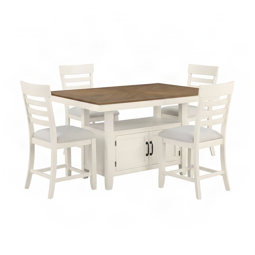 Rubberwood Dining Table with Upholstered Chairs, 5 Piece Set, White