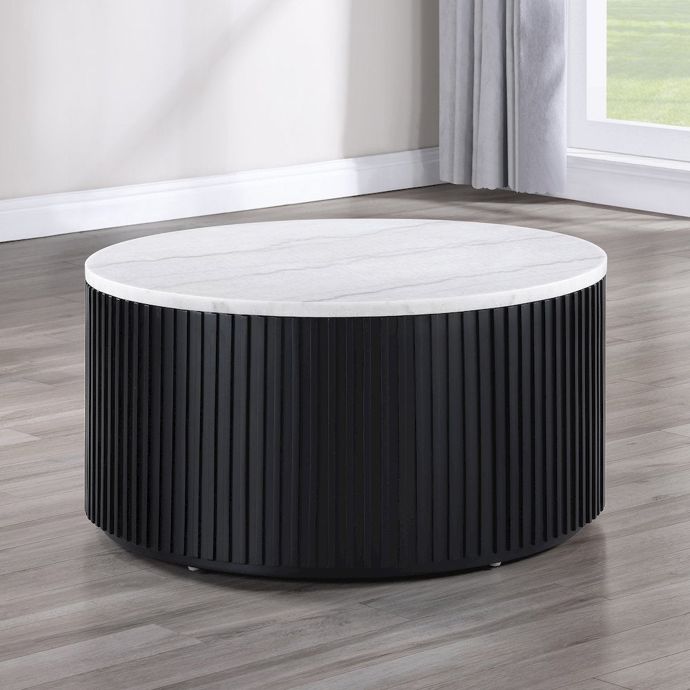 Colvin Round White Marble Top Table Set, Black Finish