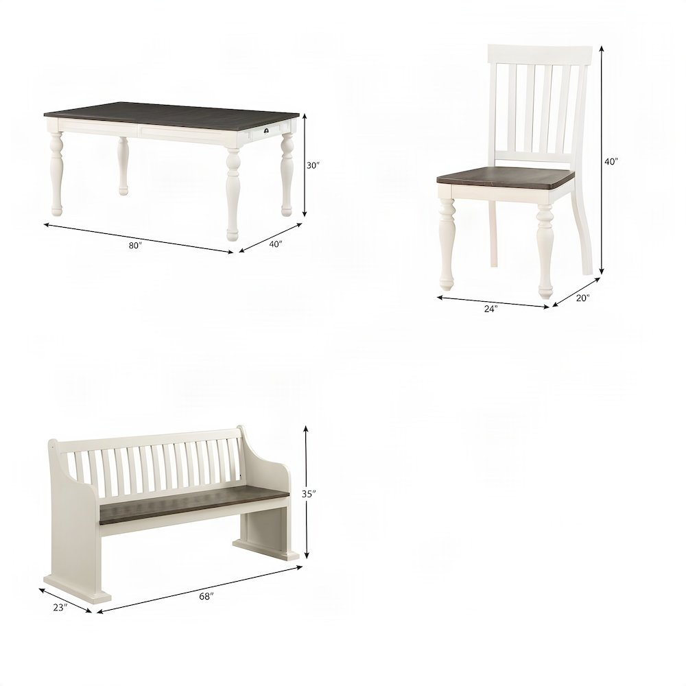 Acacia and Mango Wood Farmhouse Kitchen Dining Table 6 Piece Set, White