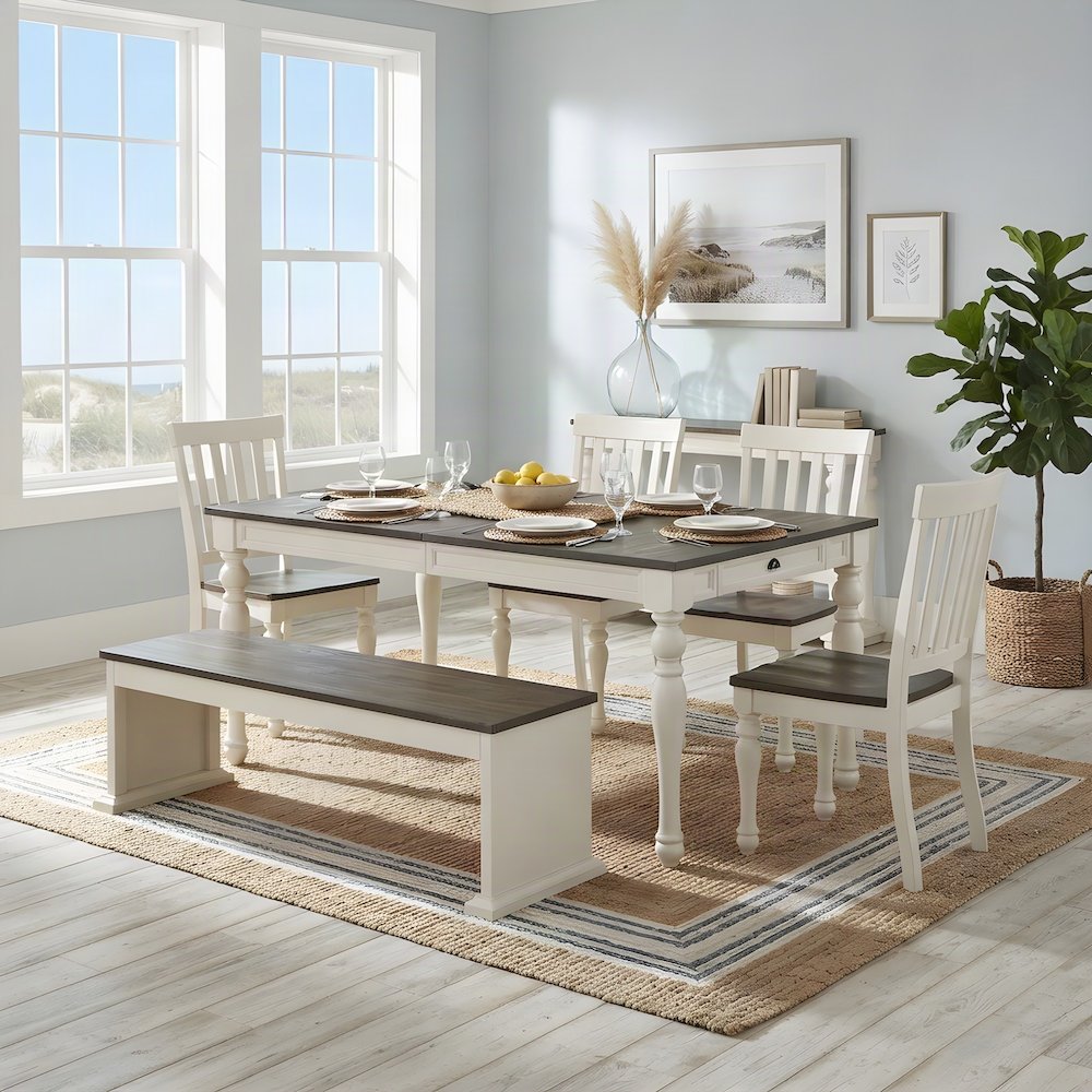 Acacia and Mango Wood Farmhouse Kitchen Dining Table 6 Piece Set, White