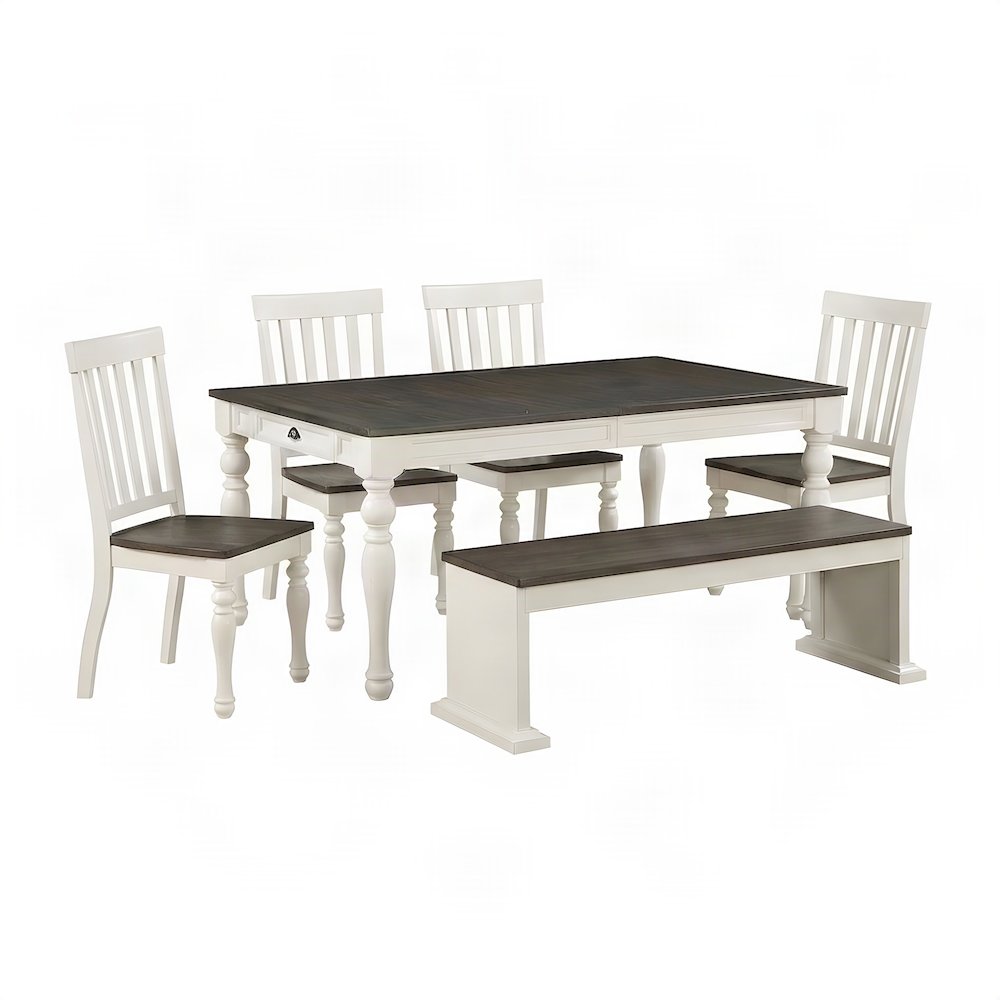 Acacia and Mango Wood Farmhouse Kitchen Dining Table 6 Piece Set, White