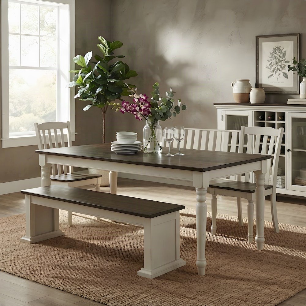 Farmhouse Wood Dining Bench with Backrest for Entryway or Kitchen Table, White