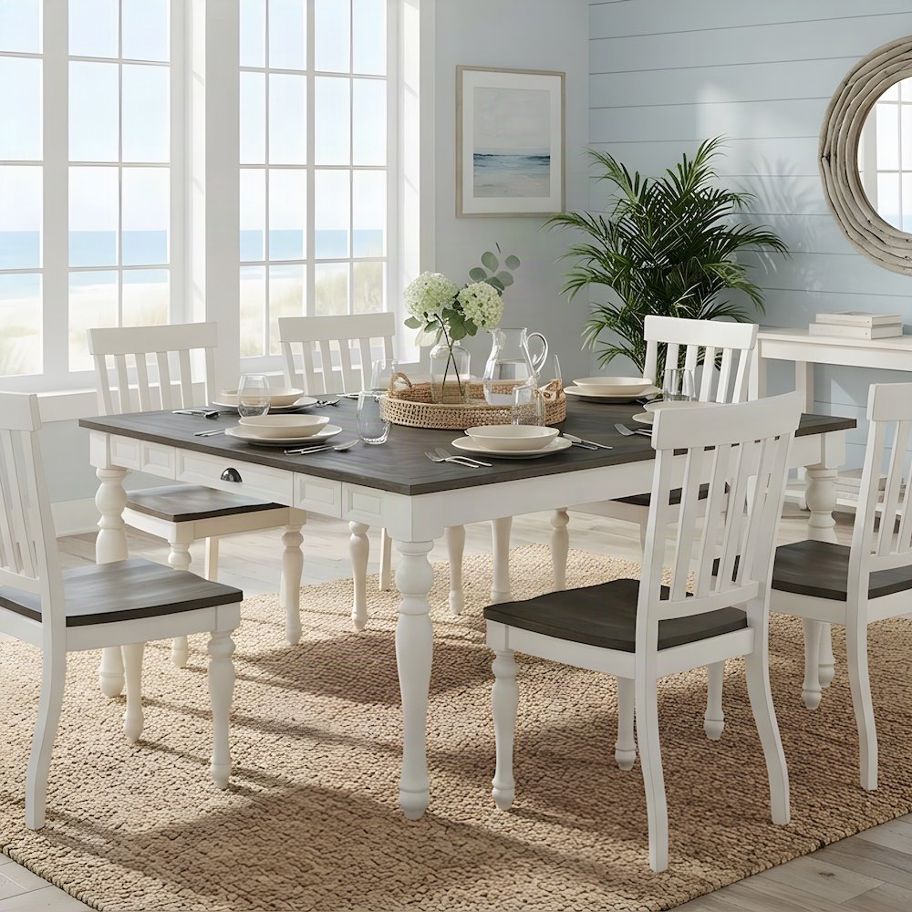 Acacia Veneer Farmhouse Dining Table with Chairs 7 Piece Set