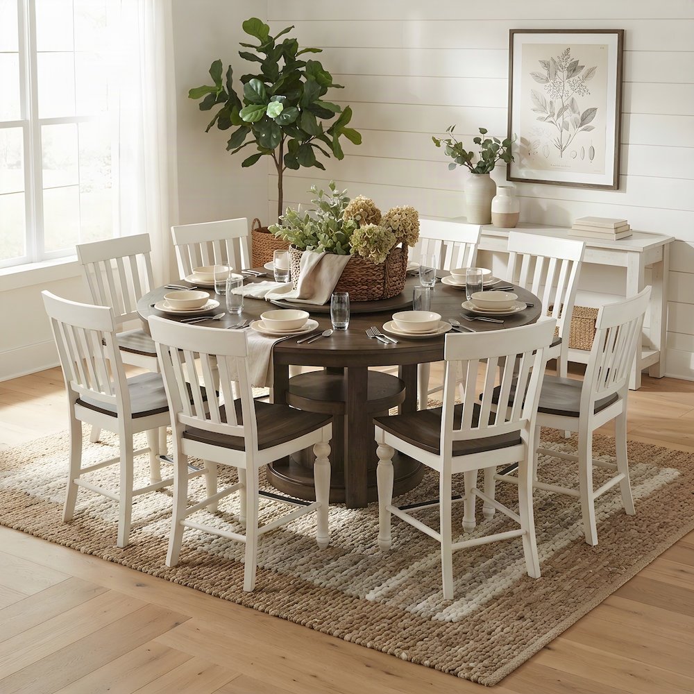 Acacia Mango Wood Counter Height Dining Table with Chairs 9 Piece Set, White