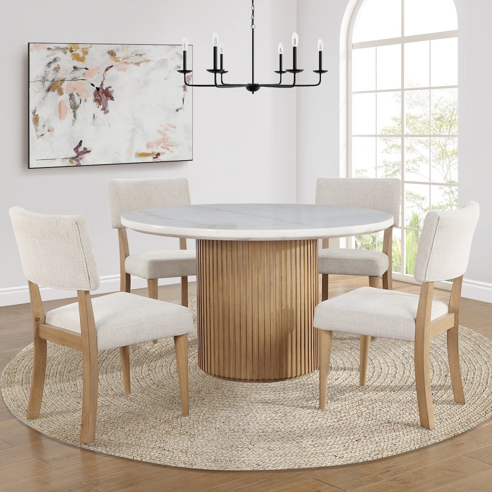 Colvin 52-inch Round White Marble Table, Brown Base