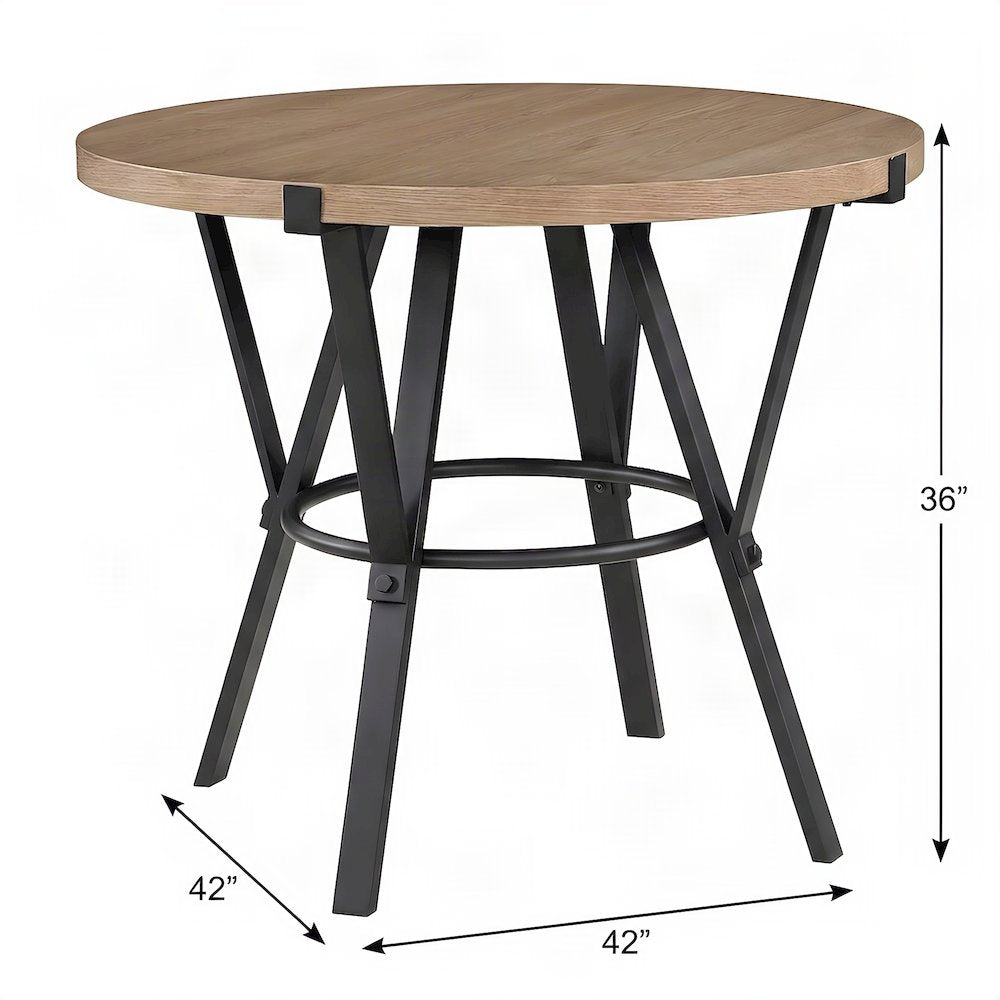 Iron-Base Round Bar Height Counter Table, Industrial Pub Dining, Light Brown
