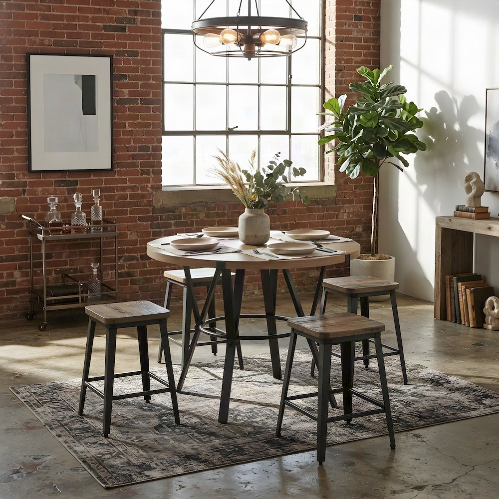 Iron-Base Round Bar Height Counter Table, Industrial Pub Dining, Light Brown
