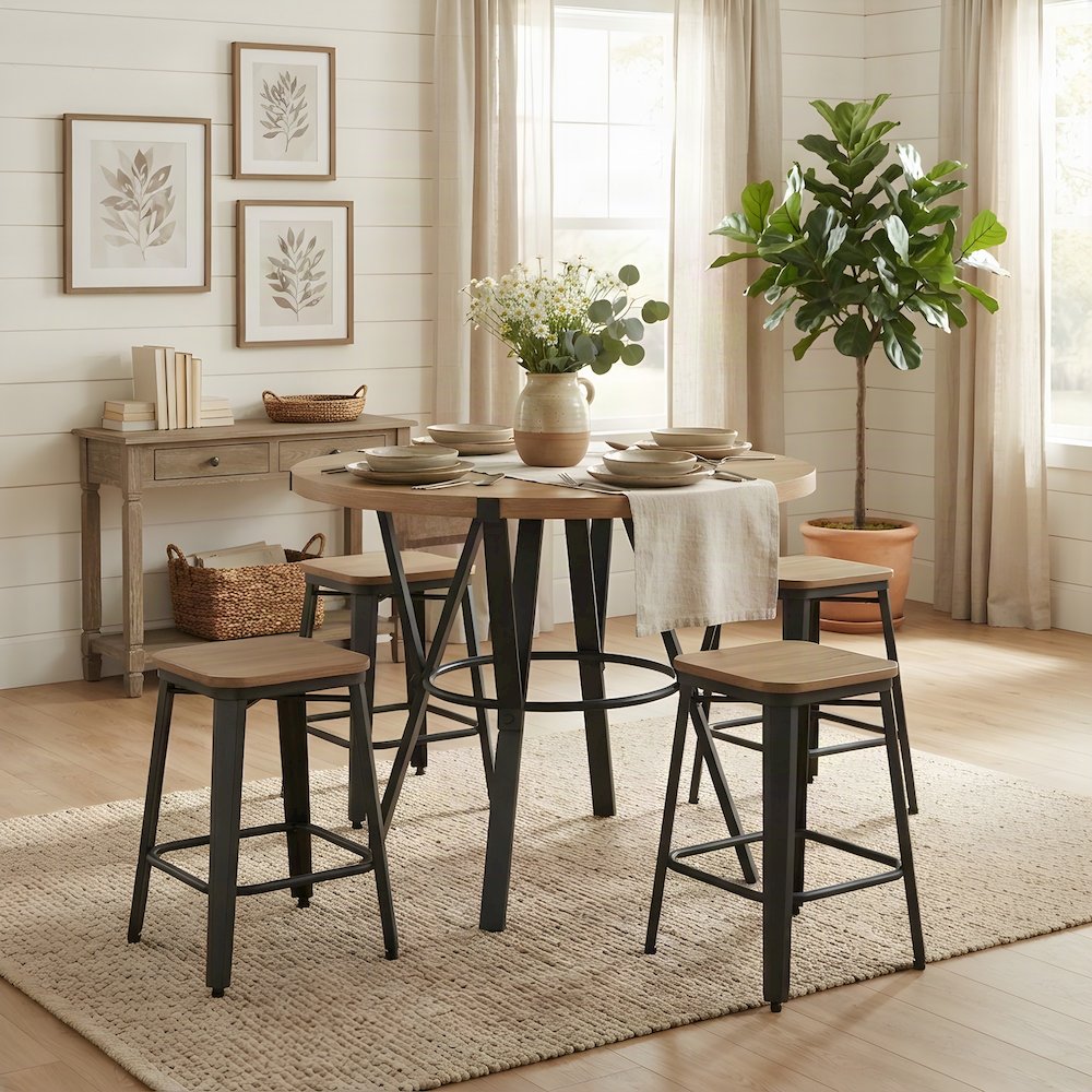 Iron-Base Round Bar Height Counter Table, Industrial Pub Dining, Light Brown