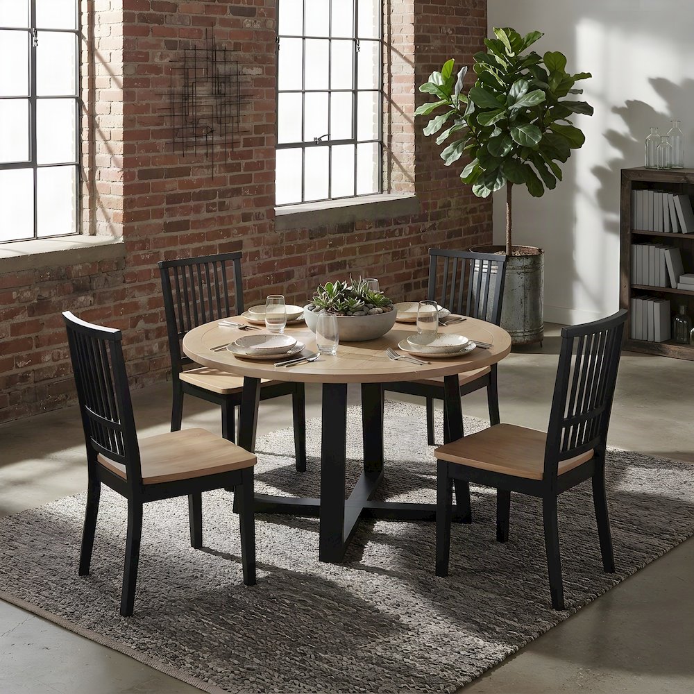 Acacia Round Dining Table with Chairs, Modern Farmhouse 5 Piece Set, Black