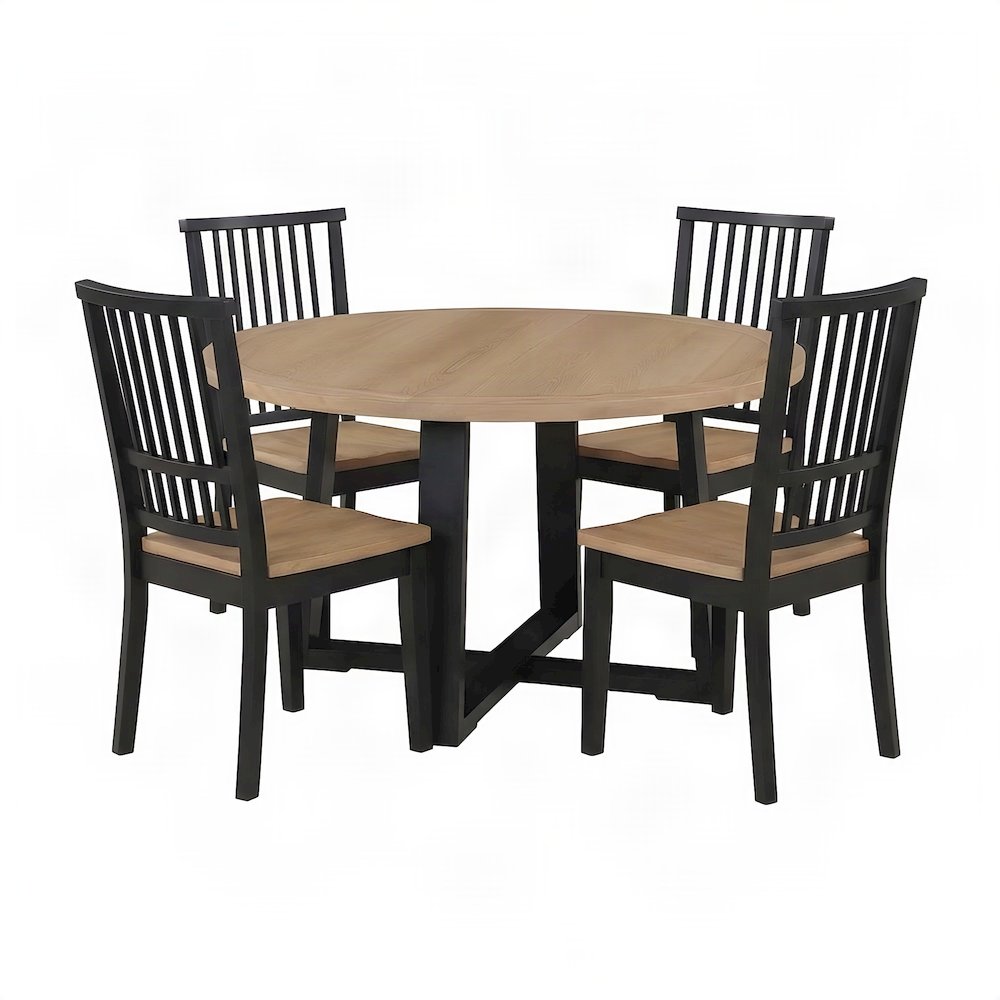 Acacia Round Dining Table with Chairs, Modern Farmhouse 5 Piece Set, Black