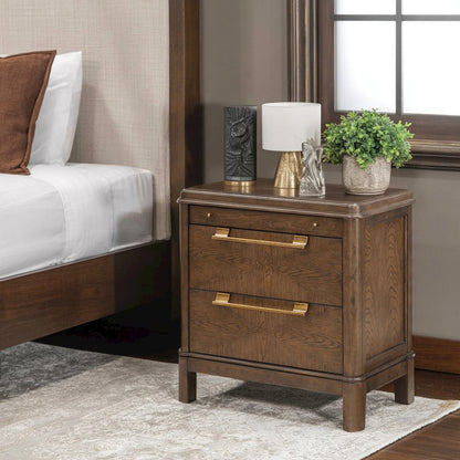 Warm Brown Walnut Finished 2 Drawer Nightstand with Pull-out Shelf