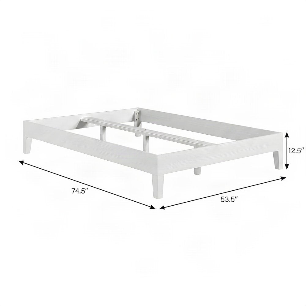 Solid Pine Full Size Bed Frame with Wooden Slats, No Box Spring Needed, White