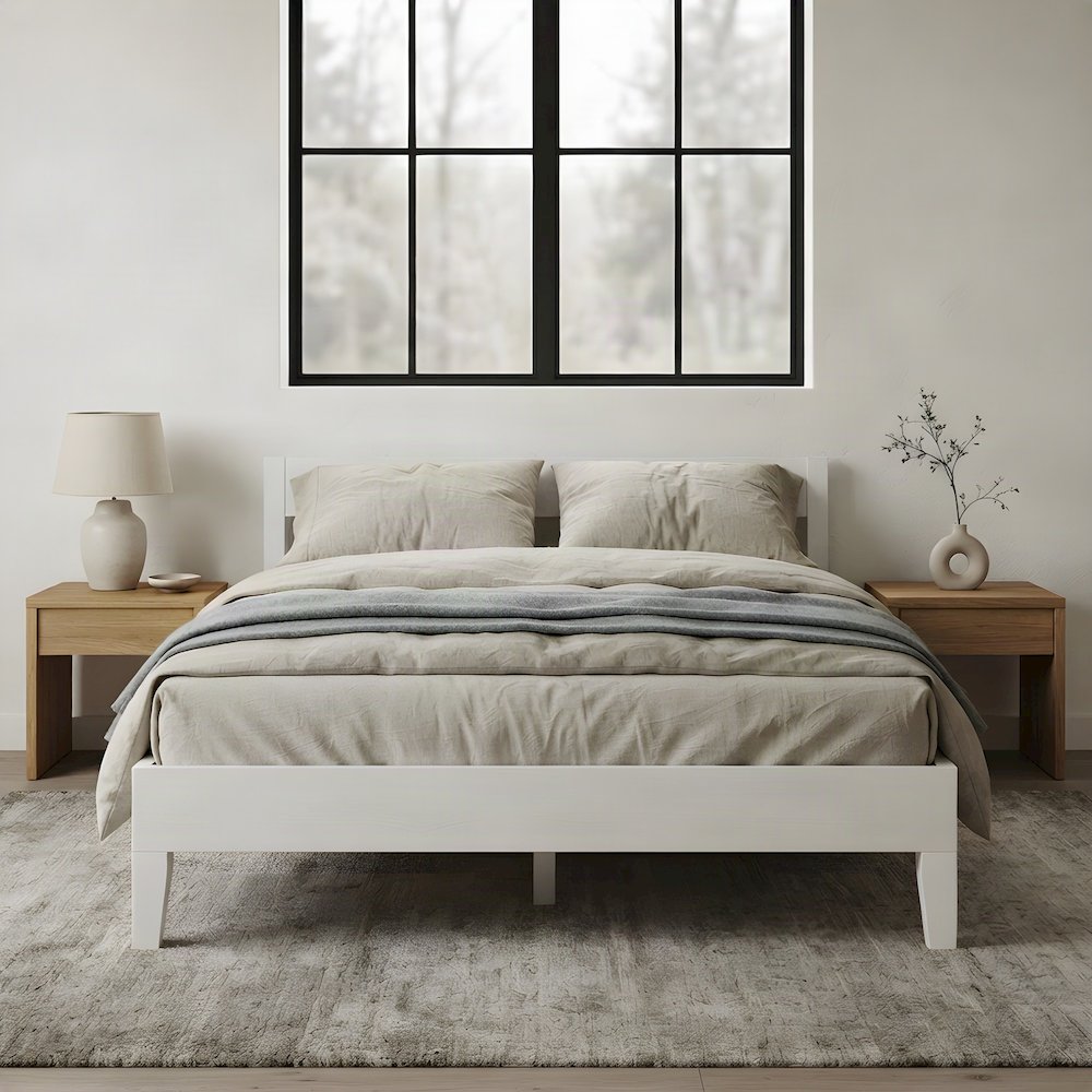 Solid Pine Full Size Bed Frame with Wooden Slats, No Box Spring Needed, White