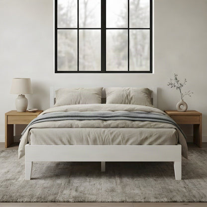 Solid Pine Full Size Bed Frame with Wooden Slats, No Box Spring Needed, White